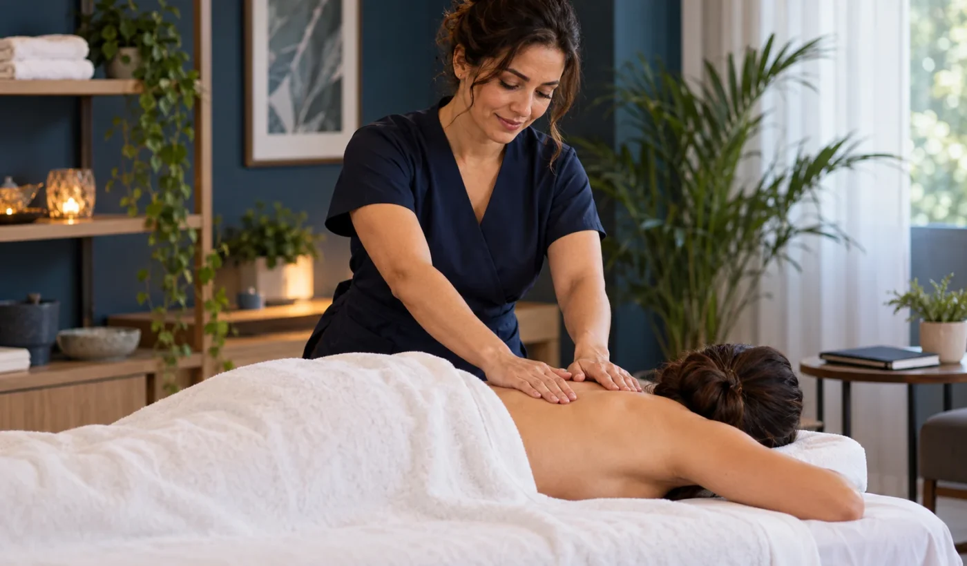 Imagem ilustrativa de profissional realizando massagem nas costas.