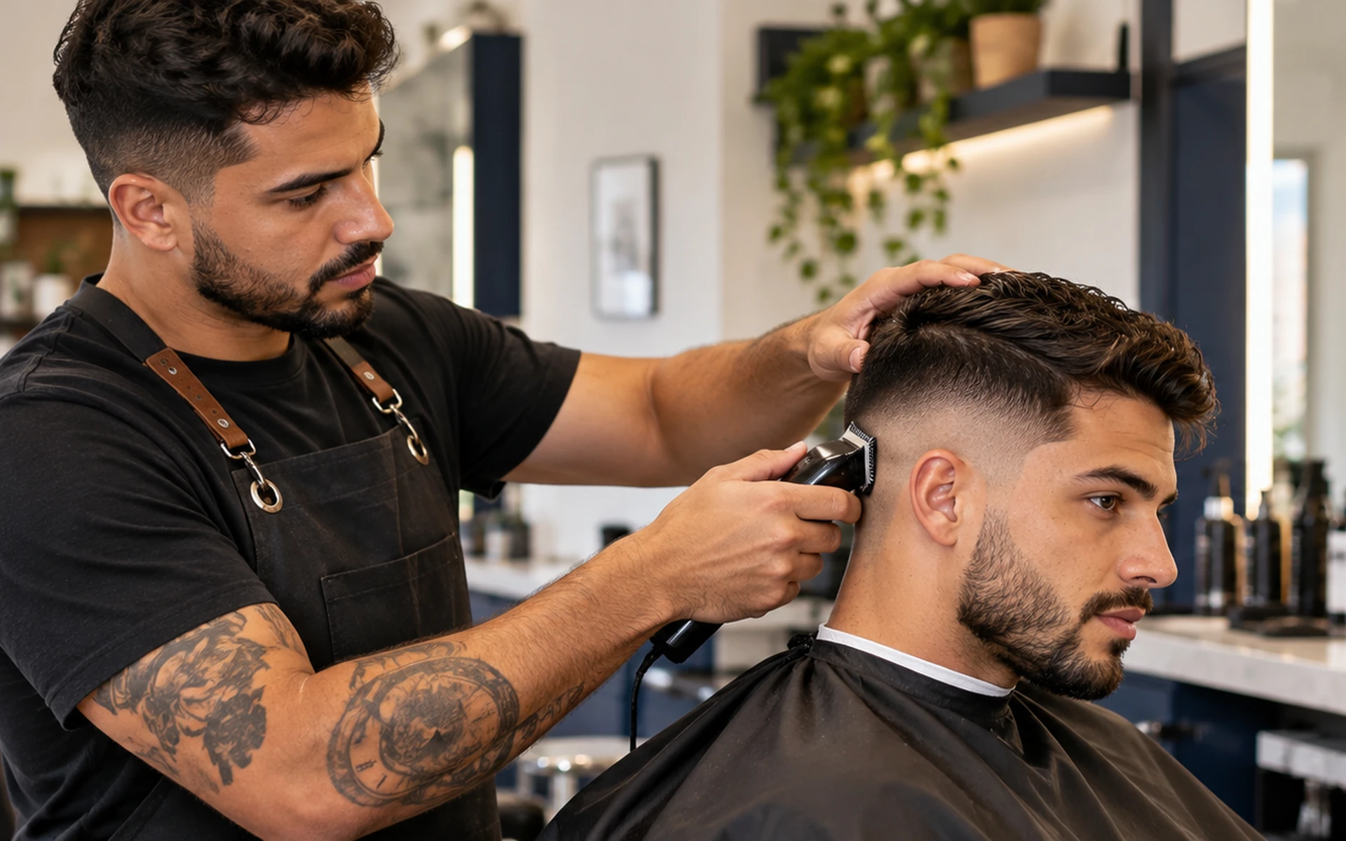 Ilustração de barbeiro demonstrando um corte masculino degradê com máquina.