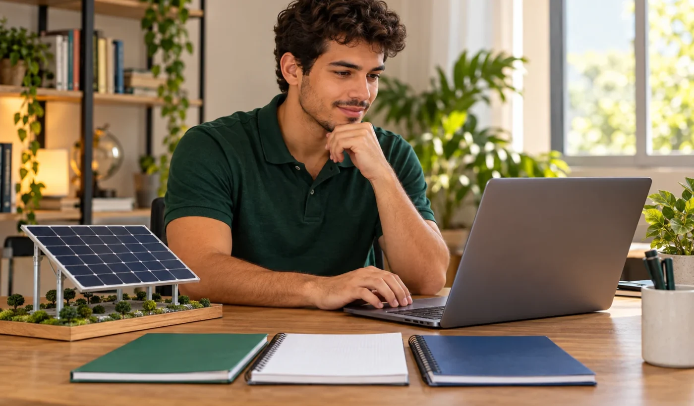 Pessoa estudando com laptop, cadernos e um pequeno módulo fotovoltaico sobre a mesa.