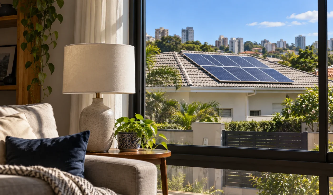 Luminária apagada em uma sala com vista para uma casa com módulos solares durante o dia.