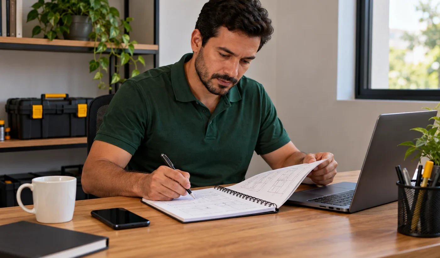 Pessoa organizando um plano de atendimento em uma mesa com notebook e caixa de ferramentas fechada.